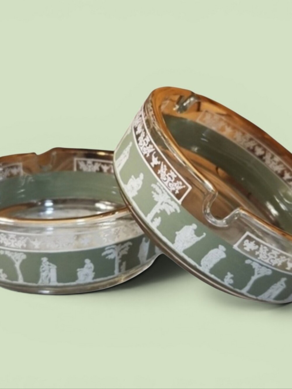 Jeanette Hellenic Green Gold Rim Ashtray Set 2 MCM Glass